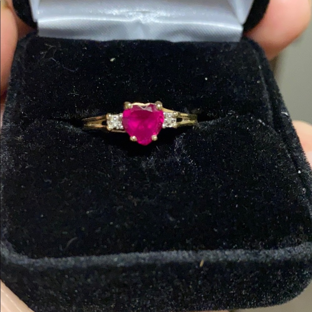 10k Gold Diamond Ring with Ruby Heart Gemstone